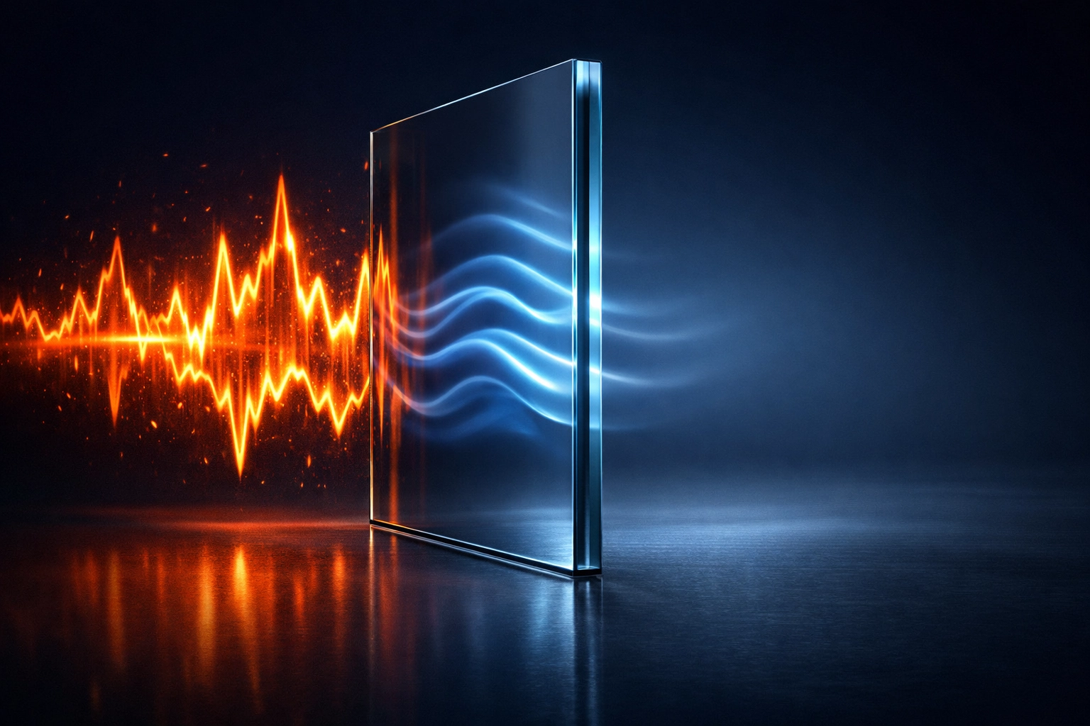 Visual representation of acoustic glass dampening loud street noise into quiet sound waves