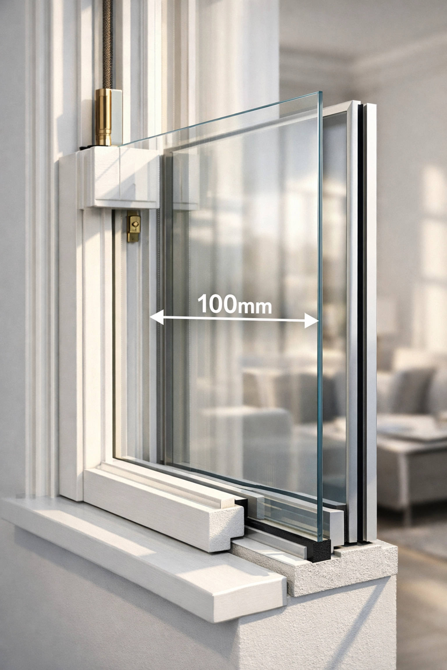 Cross-section of secondary glazing with a 100mm air gap for maximum soundproof noise reduction in London homes