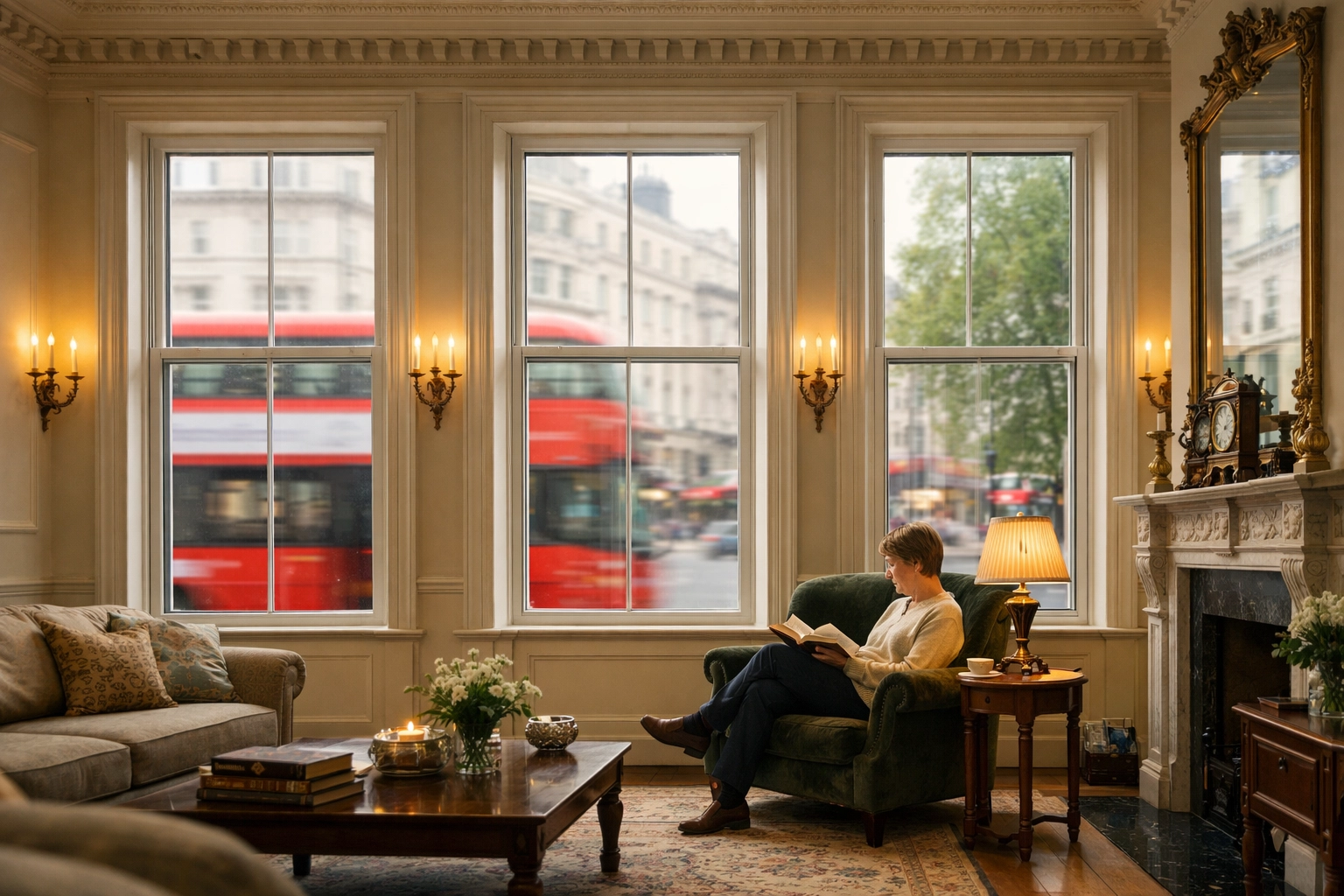 Discreet secondary glazing installed on timber sash windows in a quiet Grade II listed London home for noise reduction