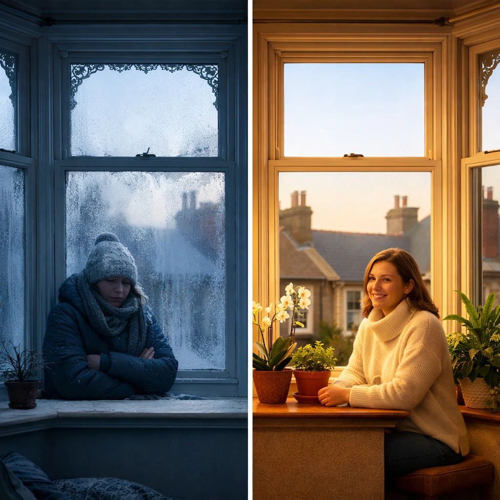 Before and after secondary glazing installation showing improved thermal comfort in Victorian home in London